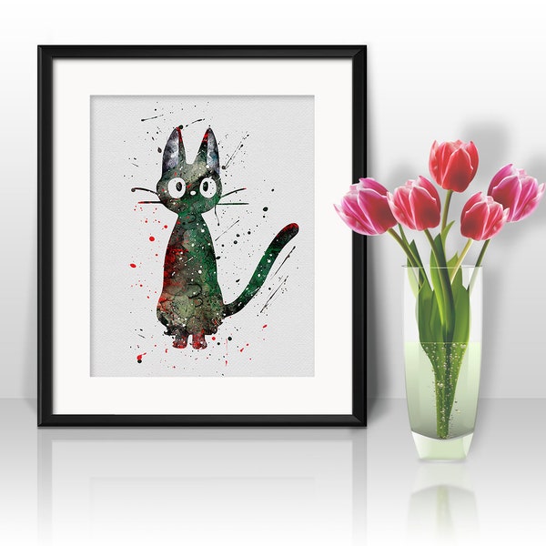 Cat Watercolor Print, Black Cat Art, Black Cat Painting, JIJI Art, JIJI painting, Animal Art, Nursery, Kids Room Decor, Wall Art