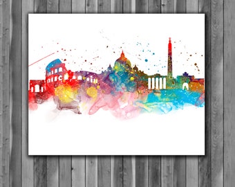 Rome Skyline Watercolor Print, Rome Skyline Art, Rome Painting, Rome Poster, Rome Italy, Living Room, Nursery, Office Room Decor, Wall Art