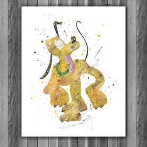 Pode incluir: Pintura em aquarela de um cão amarelo com orelhas pretas e cauda preta. O cão está em pé sobre suas patas traseiras com as patas dianteiras levantadas. O fundo é branco com respingos de tinta amarela.