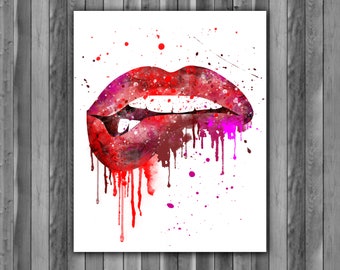 May include: Watercolor painting of red lips with pink and red paint splatters. The lips are slightly parted and the teeth are visible.