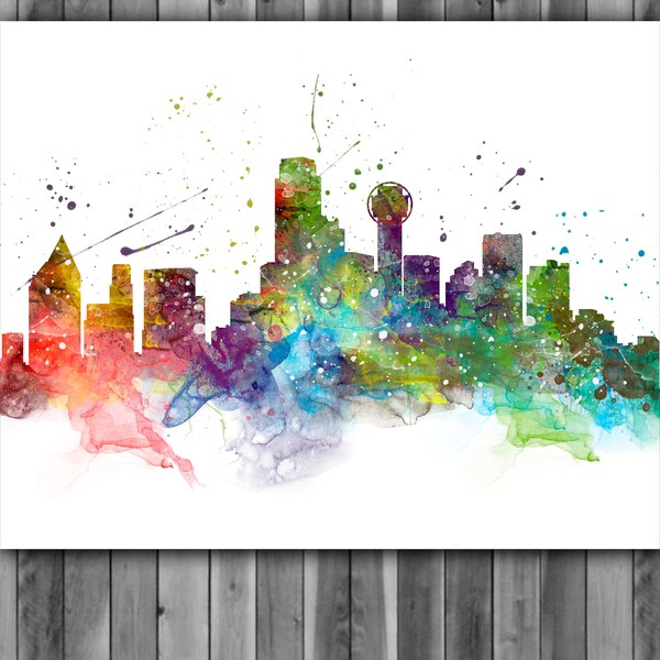 Dallas Skyline Watercolor Print, Dallas Skyline Art, Dallas Painting, Dallas Poster, Nursery, Kids Room Decor, Wall Art