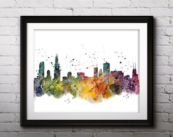 Chicago Skyline Watercolor Print, Chicago Skyline Art, Chicago Painting, Chicago Poster, Nursery, Kids Room Decor, Wall Art