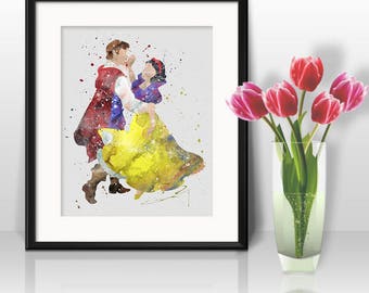 Snow White and the Seven Dwarfs, Watercolor Print, Snow White Art, Snow White Painting, Nursery, Kids Room Decor, Wall Art