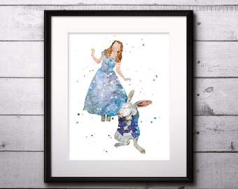 Alice in Wonderland Watercolor Print, Bunny Art, Alice in Wonderland Painting, Alice Wonderland Poster, Nursery, Kids Room Decor, Wall Art