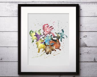 Pokemon Eevee Watercolor Print, Eevee Art, Eevee Painting, Pokemon Painting, Evolution, Anime Art, Nursery, Kids Room Decor, Wall Art