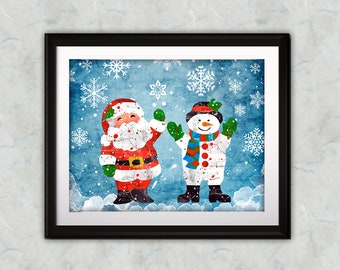 Christmas Watercolor Print, Snowman Painting, Santa Claus Painting, Christmas Art, Nursery, Kids Room Decor, Wall Art