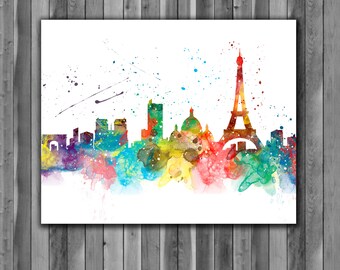 Paris Skyline Aquarell Druck, Paris Skyline Kunst, Paris Malerei, Paris Poster, Paris Frankreich, Wohnzimmer, Kinderzimmer, Büro, Wand Kunst
