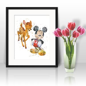 Impresión en acuarela de Mickey Mouse Bambi, Disney, arte de Mickey Mouse, arte de Bambi, arte de Mickey Mouse Disney, guardería, decoración de habitación infantil, arte de pared
