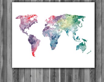 World Map Watercolor Print, World Map Art, World Map  Painting, World Map Poster, Nursery, Kids Room Decor, Wall Art