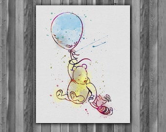 Winnie The Pooh Watercolor Print, Winnie the Pooh Disney Art, Winnie the Pooh Vintage Art, Nursery, Kids Room Decor, Wall Art