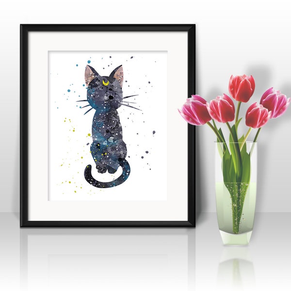 Luna Art, Cat Art, cat Watercolor Print, cat Painting, Anime, Japanese Art, Manga Art, Nursery, Kids Room Decor, Wall Art