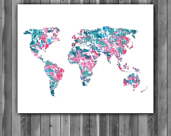 World Map Watercolor Print, World Map Art, World Map  Painting, World Map Poster, Nursery, Kids Room Decor, Wall Art