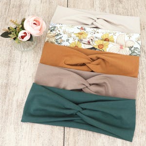 Beige Blumenhaarband aus Bio-Baumwolle | Boho Stirnband Damen | weiches breites Jersey Haarband | Yoga Haarband | Bandeau Damen Cheveux