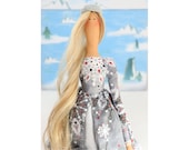 Winter european doll with long blond hair, boots, crocheted hat for woman at any age. Christmas gift ideas, end of year gift. Tilda doll.