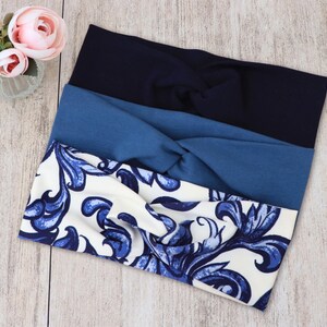 Organic Blue Fabric Headband for Women - Stretchy Yoga Hairband, Stirnband, Bandeau Cheveux
