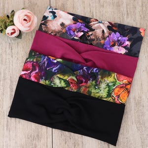 Boho Head Wrap | Yoga Headband Women | Organic Cotton Hairband | Dark Floral Hair Accessory