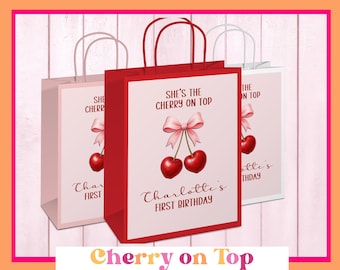 Personalized Cherry Party Favor Bags with Pink Bow - Set of 12