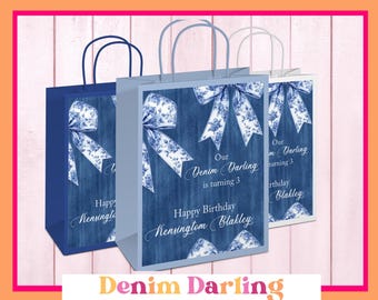 Personalized Denim & Toile Favor Bags – Baby Shower, Birthday (Set of 12)