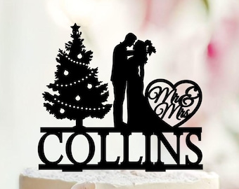 Personalized Christmas Wedding Cake Topper, Winter Snowflake Kissing Couple