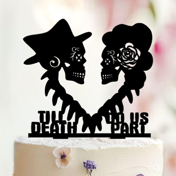 Skull Wedding Cake Topper, "Till Death" Halloween Skeleton Theme