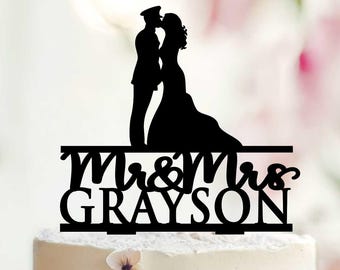 Personalized Military Wedding Cake Topper, Officer & Bride Silhouette
