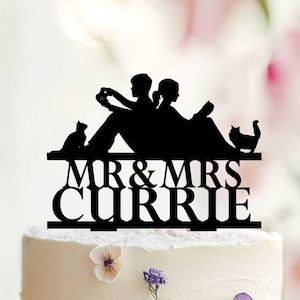 Adorno para tarta de boda personalizado con pareja leyendo, para novios, para gamer, para control de videojuegos, gato o perro.