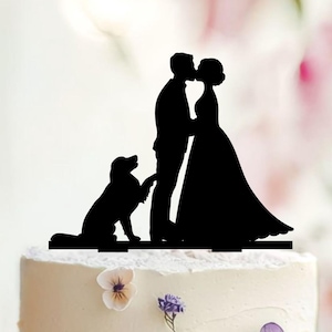 Bruidstaarttopper met honden, bruidstaarttopper, meneer en mevrouw taarttopper + honden, silhouet taarttopper met twee honden, honden silhouet