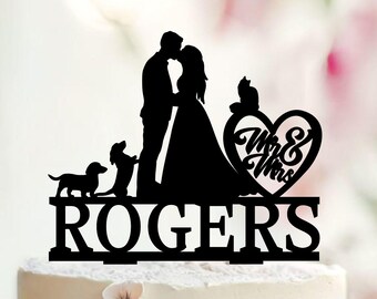 Custom Wedding Cake Topper, Bride and Groom with Dog and Cat