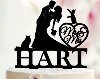 Personalized Wedding Cake Topper, Silhouette Cats, Acrylic or Wood