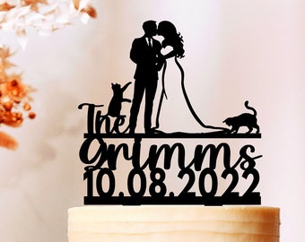 Wedding Cake topper with dog and cat, Bride and Groom With Pets,Mr and Mrs Cake Topper,Custom Cake Topper, Couple silhouette (2554)