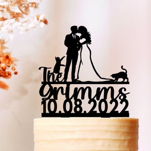 Wedding Cake topper with dog and cat, Bride and Groom With Pets,Mr and Mrs Cake Topper,Custom Cake Topper, Couple silhouette (2554)
