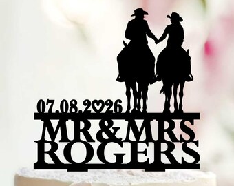 Cowboy Wedding Cake Topper, Bride and Groom with Horse