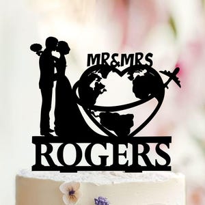 Adorno para tarta de boda de viaje, silueta de globo terráqueo de avión, Sr. y Sra.