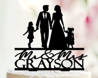 Adorno para tarta de boda familiar, silueta de pareja con una niña de la camada, decoración personalizada para tarta infantil.