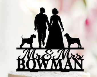 Personalized Wedding Cake Topper with Dogs, Mr & Mrs, Custom Pet Silhouette