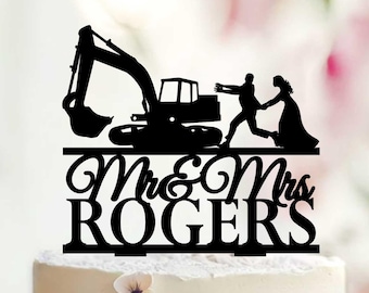 Excavator Wedding Cake Topper, Funny Construction Theme, Custom Name & Date