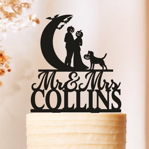 Halloween Wedding Cake Topper with dogs and cats, Pumpkin with Couple Wedding Cake Topper,Wedding Cake Topper,Moon cake topper Halloween2537