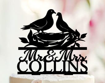 Personalized Pigeon Wedding Cake Topper, Bride and Groom Birds