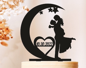 Moon And Stars Wedding Cake Topper, Moon Cake Topper, Bride And Groom On Moon, Cake topper with date, Cake topper with pets,star topper 2541