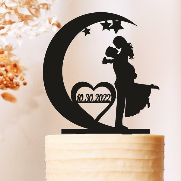 Moon And Stars Wedding Cake Topper, Moon Cake Topper, Bride And Groom On Moon, Cake topper with date, Cake topper with pets,star topper 2541