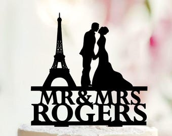 Paris Wedding Cake Topper, Eiffel Tower Silhouette, Custom Bride and Groom