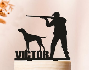 Chasse Cake Topper, Hunter avec chien Cake Topper, Cake Topper avec chien, chasseur silhouettes cake topper, Hunter Birthday Cake Topper (2132)