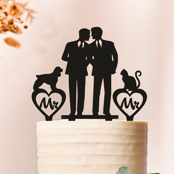 Gay Wedding cake topper with cat and dog,gay silhouette for mengay cake topper, Gay with cat + dog,dog + cat gay silhouette cake topper 2038