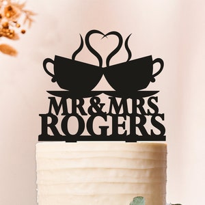Coffee cups with heart Wedding Cake Topper,Wedding Cake Topper,coffee cups steam heart,Mr and Mrs cake topper,custom wedding cake topper2213