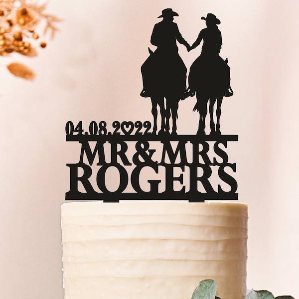 Bride and Groom with horse cake topper, Country Wedding cake topper,Cowboy cake Topper, horse cake topper, Cowboy with Lasso, wild west 2084