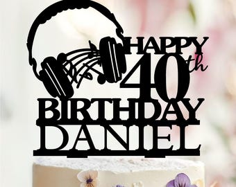 Headphones Birthday Cake Topper, Music Theme, Personalized Name