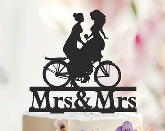 Lesbian Wedding Cake Topper, Mrs & Mrs Bike Silhouette