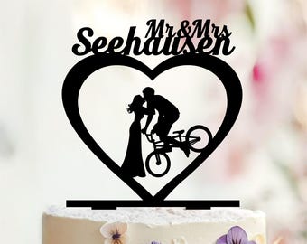Personalized Bicycle Wedding Cake Topper, Bride & Groom Silhouette