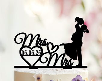 Personalized Mrs & Mrs Wedding Cake Topper, Lesbian Silhouette, Custom Date