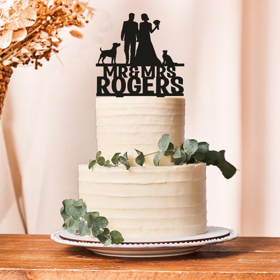 Cake Topper Tortenfigur Holz Hochzeit Brautpaar mit Hund 